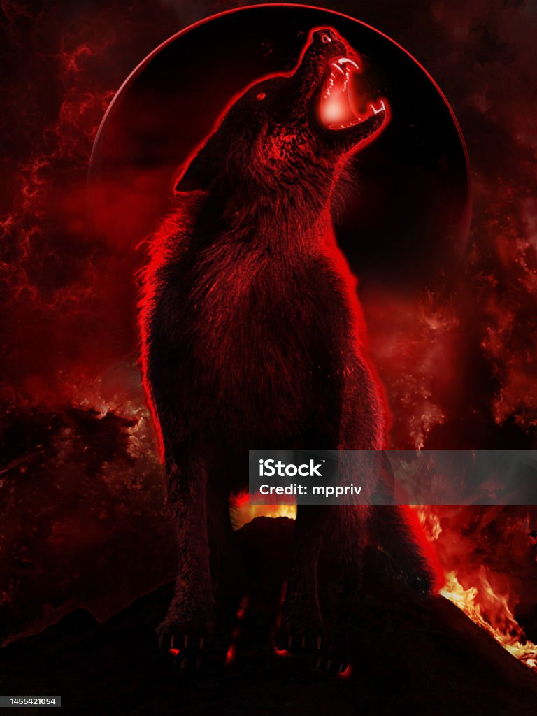 Wolf in the fire Fantasy scene with fiery wolf and black moon Volcano Stock Photo