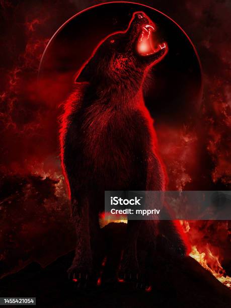 Wolf In The Fire Stock Photo - Download Image Now - Volcano, Night, Art Product