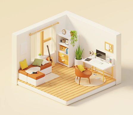3D isometric cozy room, interior, workspace, white walls, wooden floor. 3d rendering