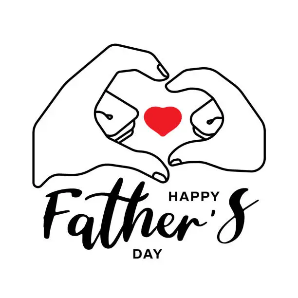 Vector illustration of Happy father's day - Red heart in line drawing hand father and son holding hands together forming a heart shape sign vector design