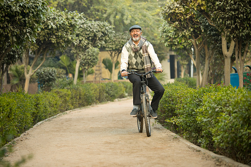 Smiling old man spending leisure time riding bicycle on footpath at park