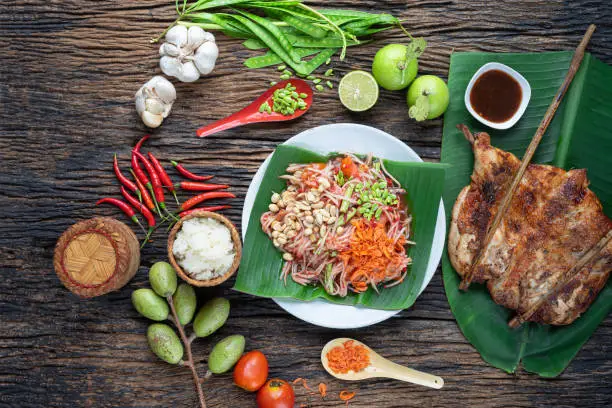 Som Tam Thai -Ingredients Papaya Salad Thai Food Style ,Thai Salad, Somtum cuisine, Background, Lao, Southeast Asia, somtam, green papaya, sweet, salty, tangy, and spicy Thai Food Concept. Top View