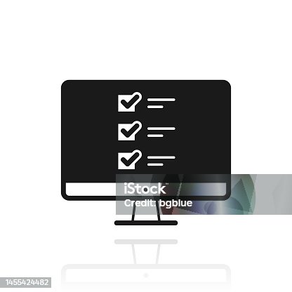 istock Desktop computer with checklist. Icon with reflection on white background 1455424482