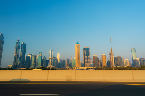 Dubai downtown cityscape at sunset