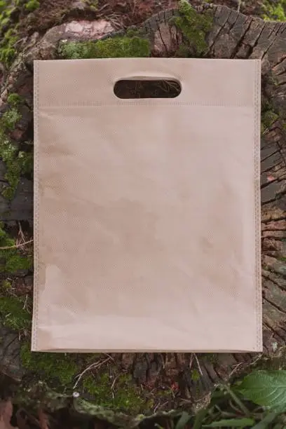 A vertical shot of a flat-bottom spun-bonded carry-bag, with spcae for text, on a tree trunk cut