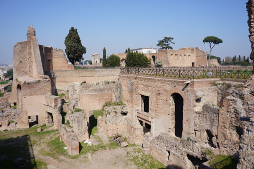 Rome, Italy - October 8, 2020: Palatine Hill, view of the ruins of several important ancient  buildings. Palatine Hill is the centremost of the seven hills of Rome, is one of the most ancient parts of the city, Rome, Italy