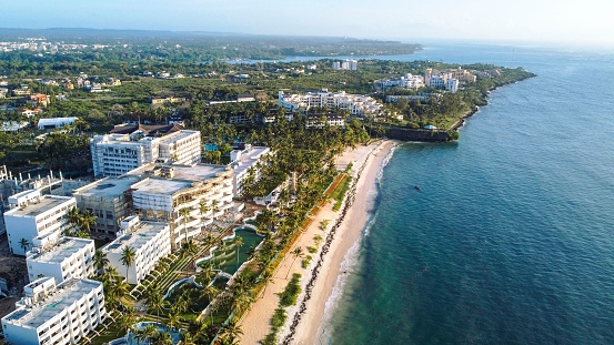 A drone shot over the Beach of the Coastal part of Mombasa, Kenya at sunrise