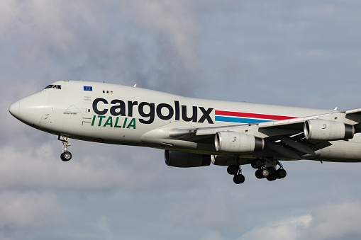 Amsterdam, Netherlands – September 13, 2020: Cargolux Italia (C8 / ICV) approaching Amsterdam Schiphol Airport (EHAM/AMS) with a Boeing 747-4R7(F) B744 (LX-TCV/30401).