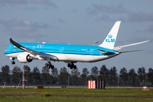 Amsterdam, Netherlands – September 13, 2020: KLM (KL / KLM) approaching Amsterdam Schiphol Airport (EHAM/AMS) with a Boeing 787-10 Dreamliner B78X (PH-BKD/42492).