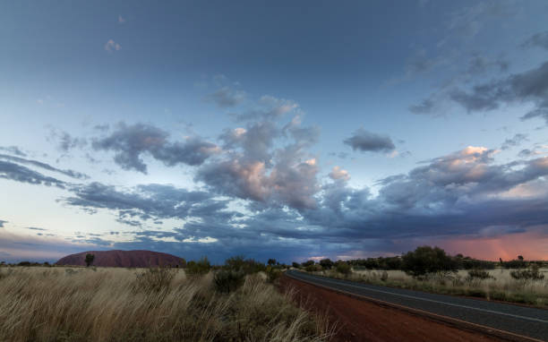 istock Empty road running along fields of dry grass in the countryside beneath cloudy sky on a windy day 1455431342