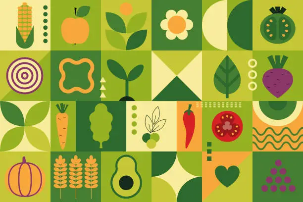 Vector illustration of Organic fruit vegetable geometric pattern. Natural food background creative simple Bauhaus style, agriculture vector design. World Vegetarian Day. Meat-free delights. Local farmer's market. Vegetarian
