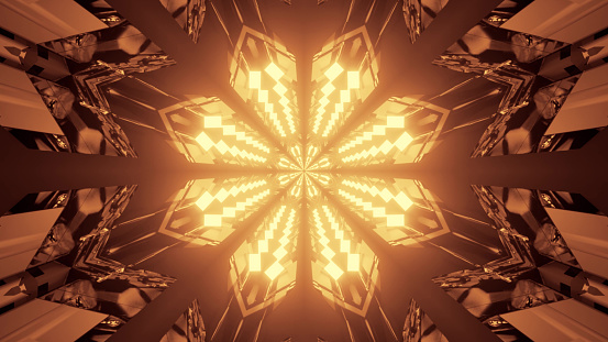 A 3D rendering of futuristic kaleidoscope patterns in neon brown and black vibrant colors