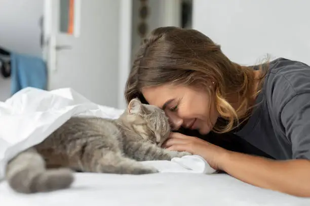 Woman with cute cat resting at home