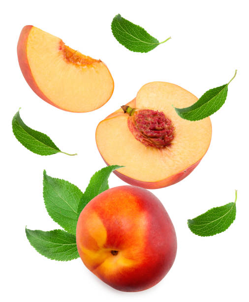 istock flying nectarine with green leaf and slices isolated on white background. clipping path 1455433514