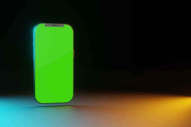 istock 3D phone on black background, mockup, empty space for text, copy. Green screen for individual design, rendering of smartphone. teal and orange light 1455434466