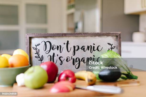 Closeup Shot Of Vegetables And A Sign Dont Panic Its Organic Healthy Lifestyle Concept Stock Photo - Download Image Now