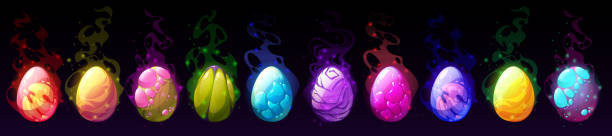 illustrazioni stock, clip art, cartoni animati e icone di tendenza di uova di drago dei cartoni animati con scintillii luminosi impostati - raid array