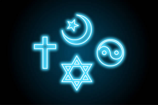 istock Neon glowing religious symbols icons 1455436662