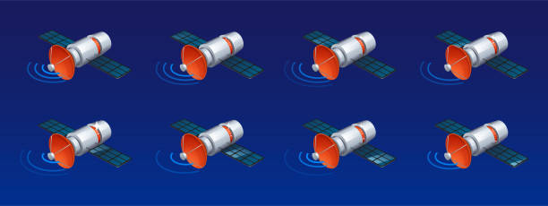 Isometric communication satellite with antenna Communication satellite with antenna and abstract signal waves. Telecommunication or gps system station on Earth orbit, vector isometric animation sprite sheet wave png stock illustrations