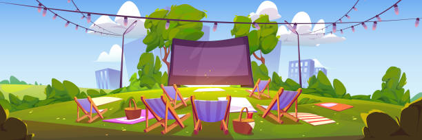 Outdoor cinema at summer city park landscape view Outdoor cinema at summer city park landscape. Open air movie theater with chairs, mats and picnic baskets front of large outdoors screen on cityscape skyline background, Cartoon vector illustration movie-theater-exterior stock illustrations