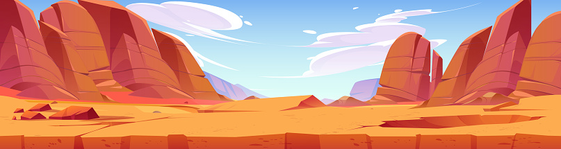 Desert landscape, Arizona or Africa nature with dry ground cross section view and mountains. Cartoon panoramic background, game location with rocks under blue sky with clouds, Vector illustration
