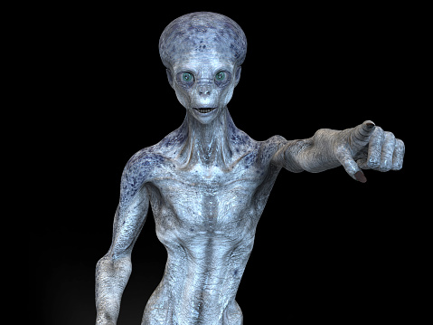 Humanoid alien pointing his index finger, 3D illustration