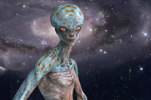 Portrait of a humanoid alien looking at camera with photo realistic highly detailed skin texture on space background, 3D illustration