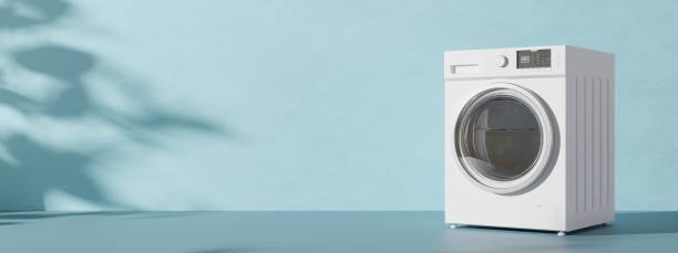 istock Blue banner with washing machine and copy space. Empty space for text, advertising. Household electrical equipment. Modern home appliance used to wash laundry. Front-loader clothes washer. 3d render. 1455437701