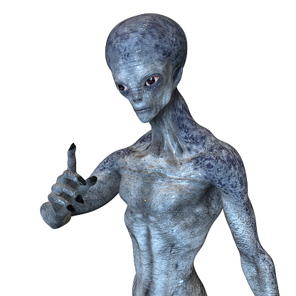 Humanoid alien looking aside from camera with photo realistic highly detailed skin texture, 3D illustration