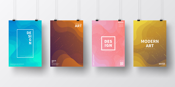 Four realistic posters in vertical position with modern and trendy backgrounds, isolated on white wall. Futuristic colorful illustrations, looking like a meteor shower. Geometric shapes with beautiful color gradients (colors used: Red, Purple, Pink, Orange, Green, Brown, Blue, Beige, Turquoise, Yellow). Template for your own design, with space for your text. The layers are named to facilitate your customization. Vector Illustration (EPS10, well layered and grouped), wide format (2:1). Easy to edit, manipulate, resize and colorize.