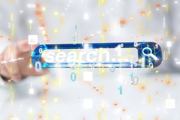 istock 3D rendering of search bar engine with a hand touching it from the background 1455438671