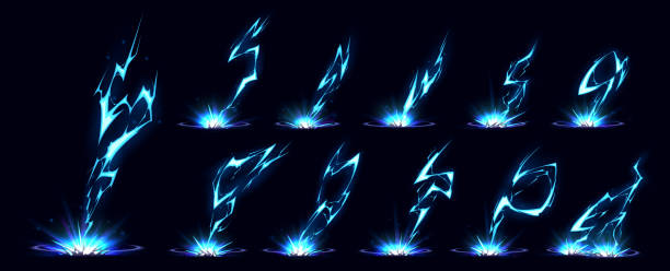 Lightning bolt hit into ground vfx effect, impact Lightning bolt hit into ground vfx effect. Blue electric or magic thunderbolt strike, impact, crack, wizard energy flash. Powerful electrical discharge, Cartoon vector set isolated on black background air attack stock illustrations