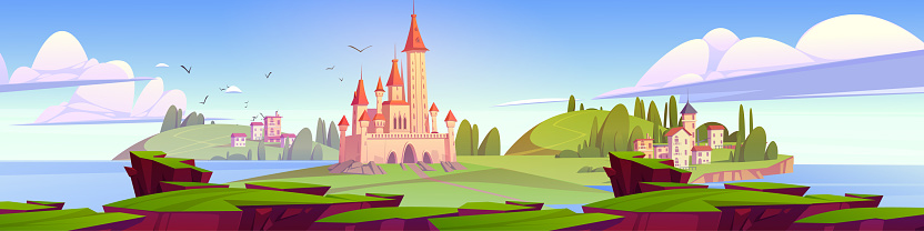 Mediterranean landscape with medieval castle and town buildings at scenery summer background. Fairytale kingdom with palace and cottages on green island surrounded with sea Cartoon vector illustration