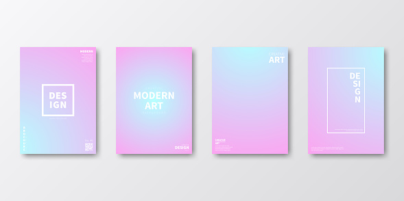 Set of four vertical brochure templates with modern and trendy backgrounds, isolated on blank background. Abstract illustrations with defocused and blurred color gradient (colors used: Turquoise, Blue, White, Gray, Purple, Pink). Can be used for different designs, such as brochure, cover design, magazine, business annual report, flyer, leaflet, presentations... Template for your own design, with space for your text. The layers are named to facilitate your customization. Vector Illustration (EPS file, well layered and grouped). Easy to edit, manipulate, resize or colorize. Vector and Jpeg file of different sizes.