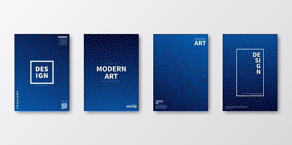 Set of four vertical brochure templates with modern and trendy backgrounds, isolated on blank background. Abstract illustrations with dots and beautiful color gradient in a dotted style (colors used: Blue, Black). Can be used for different designs, such as brochure, cover design, magazine, business annual report, flyer, leaflet, presentations... Template for your own design, with space for your text. The layers are named to facilitate your customization. Vector Illustration (EPS file, well layered and grouped). Easy to edit, manipulate, resize or colorize. Vector and Jpeg file of different sizes.