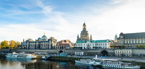 Great panoramic view of Dresden from the Augustus Bridge over the Elbe River looking at the historical city center