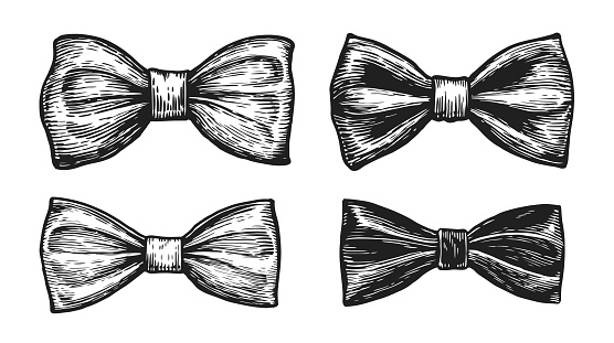 Bow tie set. Hand drawn necktie sketch. Retro fashion concept. Illustration in vintage engraving style