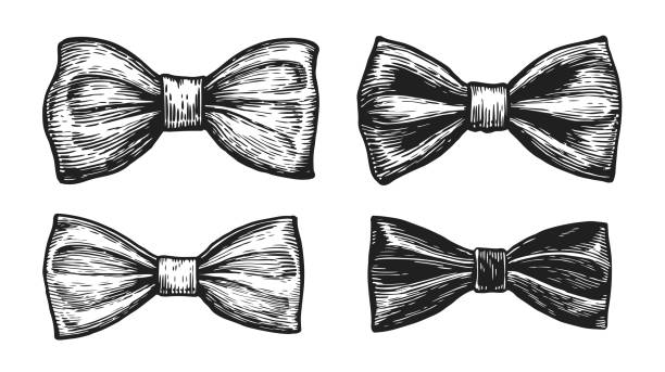 Bow tie set. Hand drawn necktie sketch. Retro fashion concept. Illustration in vintage engraving style Bow tie set. Hand drawn necktie sketch. Retro fashion concept. Illustration in vintage engraving style bow tie stock illustrations