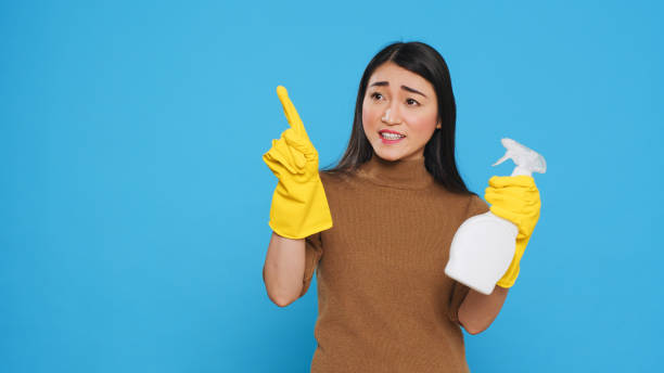 istock Professional maid pointing and showing cleaning product or isolated text 1455443682