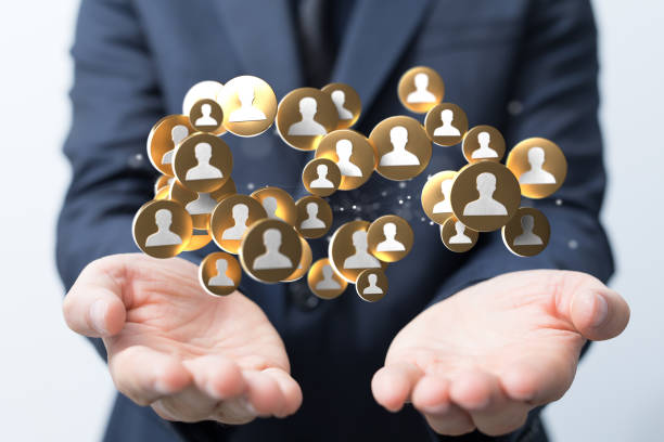 istock Person presenting the virtual projection of digital conference teamwork connection 1455444549