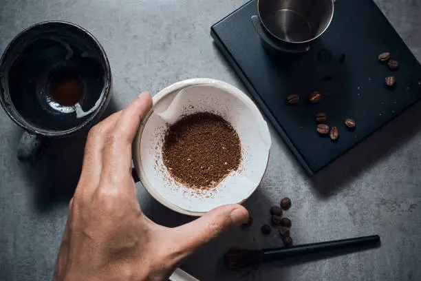 coffee powder in the dripper for make coffee filter on scales.