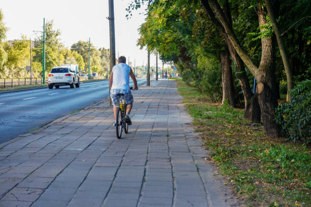 vista traseira de um homem andando com sua bicicleta em uma calçada - footpath single lane road green tree - fotografias e filmes do acervo