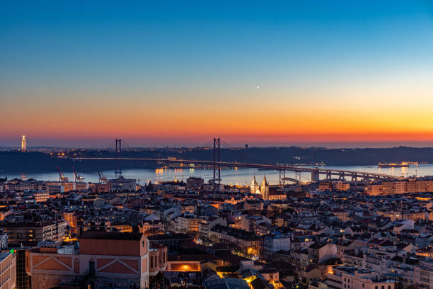 vista aerea del paesaggio urbano di lisbona con edifici illuminati, ponte e mare durante il tramonto - città di lisbona foto e immagini stock