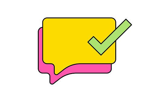 Vector illustration of a colorful speech bubble with a check mark on it.