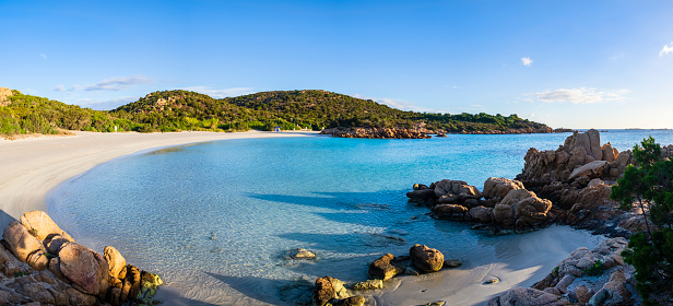 Shallow, clear waters at the Spiaggia del Principe, one of the most beautiful beaches in Costa Smeralda in the northeast coast of Sardinia (7 shots stitched)