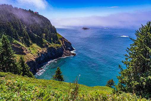 A scenic view of the Cape Foulweather near Depoe Bay on the Oregon Coast with fog in the distance, USA