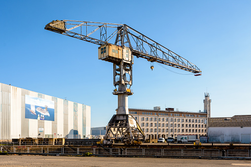 Saint-Nazaire, France - September 21, 2022: The old Titan crane by the Etablissements Joseph Paris in the Chantiers de l'Atlantique shipyard.