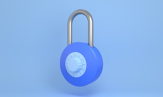 A 3D rendering of a padlock on a blue background