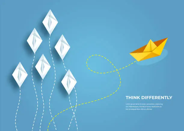 Vector illustration of Leader paper boat. Think differently, leadership, trends, creative solution and unique way concept. Be different