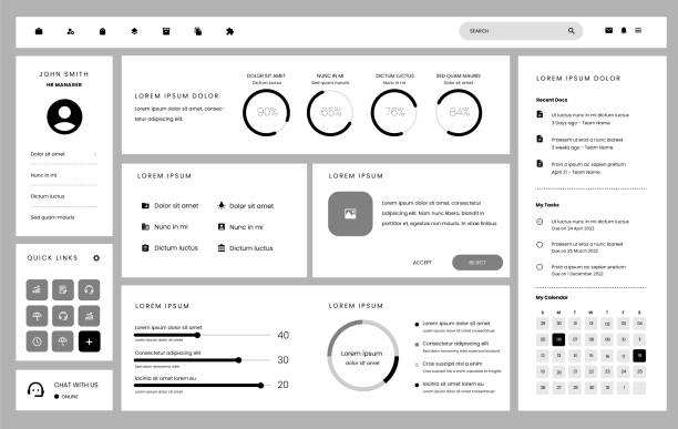 Dashboard UI design template vector Business dashboard UI UX design vector template with web elements website wireframe stock illustrations